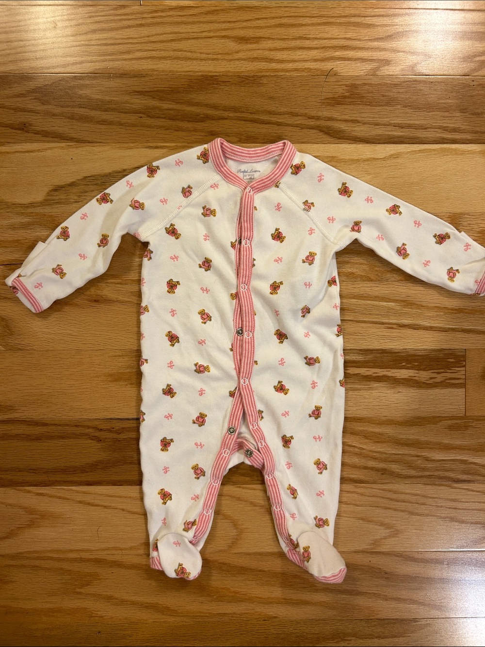 Ralph Lauren Cream Footed One-Piece with Pink Trim and Teddy Print
